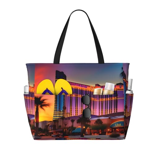 Large Capacity Beach Bag Waterproof Pool Tote for Gym Swimming Camping Carry On Bag Las Vegas Sunset 1 Print