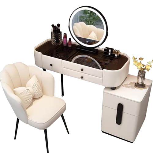 Natliedop Mesa de Maquillaje con Espejo de Luces LED de 3 Colores, Mesa de Maquillaje con cajón, Escritorio de Tocador con Taburete Tapizado para Mujeres y Niñas