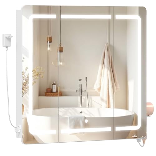 Miniatura 8 de Hzuaneri Armario Espejo Baño, Con Espejo Grande Y Luz Led, Espejoes Plegable De 3 Puertas, 3 Color, Estantes Ajustables, Soportes Y Ganchos Para Secador De Pelo, 16,5 X 80 X 75 Cm, Blanco Mc30003xeu