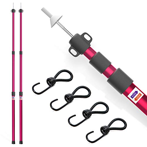 2Pcs Set Postes Toldo Telescpico de Aluminio, Varillas Tienda Campaa Accesorios con 4 Tensores de Lonas, Tarp Poles 3 Secciones para Senderismo Mochilas Refugios, Regulable de 90-230 cm, Rojo