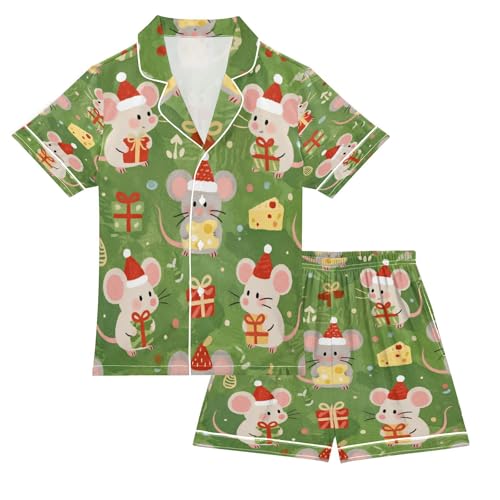 Satin Pajama Sets Short Sleeve Christmas Mice with Cheese Button Down Silky Nightwear 2 Piece PJS 5-14Y