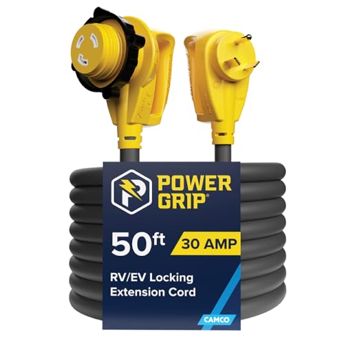 Camco Power Grip 50-Ft 30 Amp RV Extension Cord w/90° Locking End - Rated for 125V / 3,750W - Features Threaded Locking Ring for Weatherproof Connection & 10-Gauge Copper Wire (55525)