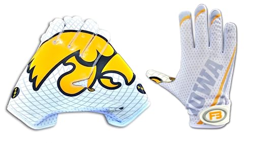 Scale Wear Design University of Iowa Hawkeyes Football Gloves with Super Stick-Tach Silicone Grip Palms. Men's & Youth Boys Sticky Football Receiver Gloves (White, Youth-M)
