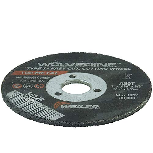 Image of Weiler 56128 2-Inch Cutting Wheel, Wolverine AO Steel /Metal Fast Cut, Value Cutting, 0.035 inch A60T Type 1 3 /8 inch Arbor (Pack of 100)