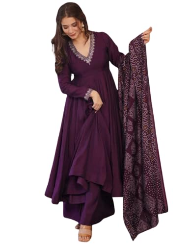 Women Purple Taara Anarkali Palazzo Dupatta Set | Embroidered Vichitra Anarkali Suit for Women | Festive Party-Wear Ethnic Kurta Set with Chanderi Dup