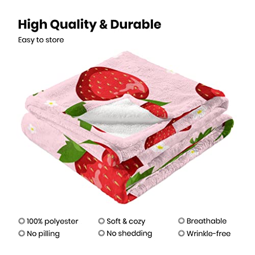 Image of Strawberry Throw Blanket for Women Kids, Strawberry Gifts for Girls Women Teens Mom Birthday, Soft Warm Cozy Fruit Pattern Fleece Blanket for Travel, Cute Pink Home Room Decor for Couch, Bed 50 inchx60 inch