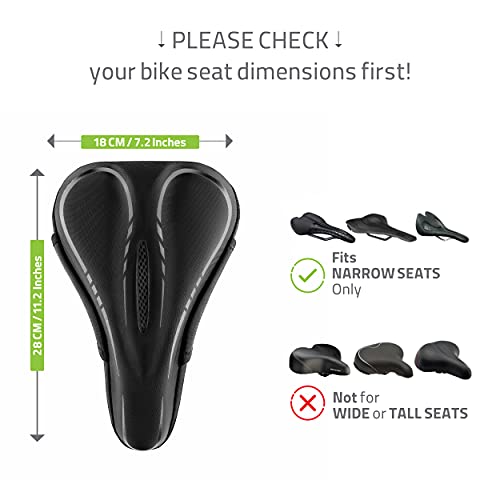 RONUX Narrow Gel Bike Seat Cushion - Extra Soft Comfy Bicycle Seat Cover - [ Extra Memory Foam & Gel ] for Peloton Bike, Stationary, Exercise, Electric, Road & Mountain Bikes - Women & Men - Black - Thumbnail 4