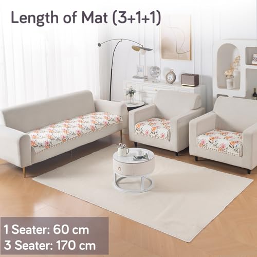 Image of HOKIPO Painterly Floral Quilted Sofa Cover 5 Seater Set - Washable 3+1+1 Sofa Cover Mat with Tassel Design | 'Tassel Twigs' Series (IN-985-T8 + IN-982-T8*2)