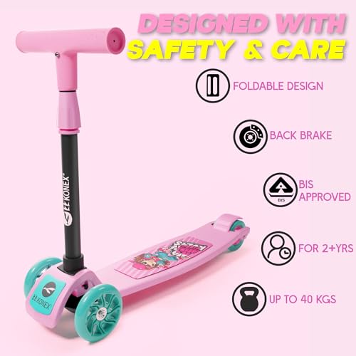 Image of Konex Kick Scooter for Kids (2+ Years) | 3 Broad Rubber Wheels for Smooth Ride | 4-Level Height Adjustable Handle | Foldable & Portable with Back Brake | Holds Up to 40 kg (Pink-Sea Green)