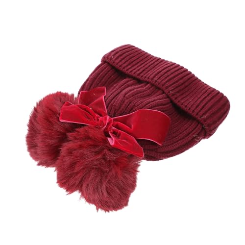 Boys Knitted Hat Hat for Newborn Boy Girl Bow Decor Girl and Double Balls Dark Red