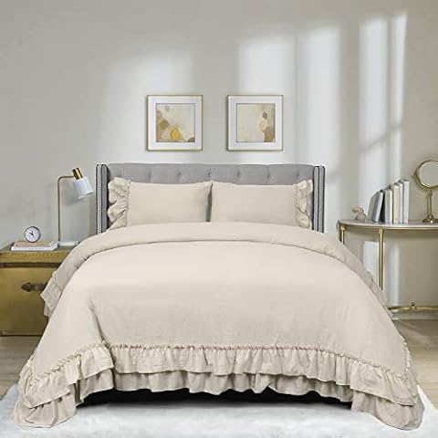 HIG 3 Piece Farmhouse Ruffled Duvet Cover Set Queen, Camel Vintage Duvet Cover with 2 Rows of Handmade Ruffle, Solid Washed Microfiber Bedding Cover for Bedroom - 1 Duvet Cover, 2 Shams (HANS) Cover
