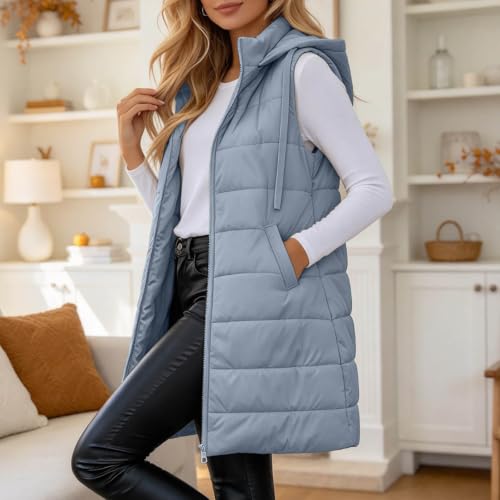 GOSEAGOTOFUN Long Puffer Vest Women Zip Up Hooded Vest Lightweight Sleeveless Puffer Jackets Winter Casual Warm Outerwear Silver Small - image 3