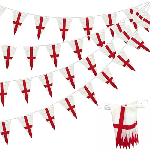 HOMAVEL 30Pcs England Flag Bunting 10m - 30x14cm St Georges Cross English Flag Bunting Triangle for World Cup 2026 St Georges Day Football Party Decorations - PVC Outdoor & Indoor Patriotic Banner