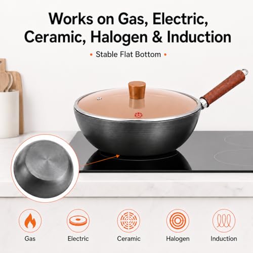 Image of WANGYUANJI 10.24-Inch Carbon Steel Wok with Lid, Flat Bottom Small Wok Pan for 1-3 Servings, Uncoated Stir Fry Pan, Glass Lid, Induction /Gas /Electric Compatible, Wood Handle, Black