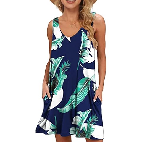WNEEDU Damen Leichte Sommerkleid V-Ausschnit Swing Tank-Kleid Ärmellos Strandkleid Knielang mit Taschen(Blau Drucken,L) Cover