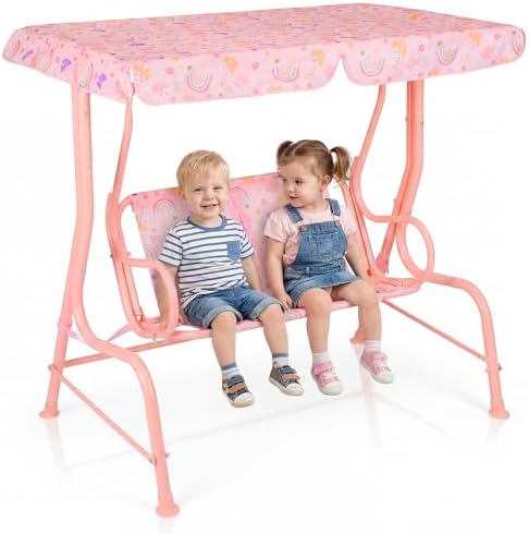 Costzon Kids Porch Swing, All-Weather Patio Swing Bench Hammock w/Adjustable Canopy & Safety Belts for 2 Children, Outdoor Swing for Backyard Garden Balcony Poolside (Light Pink, Butterfly)