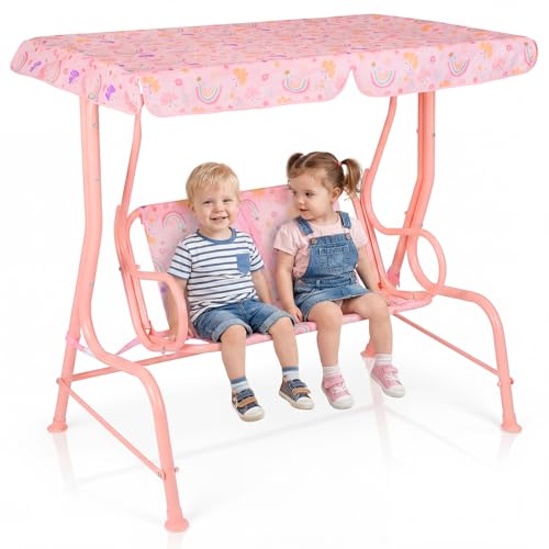 Costzon Kids Porch Swing All-Weather Patio Swing Bench Hammock w/Adjustable Canopy & Safety Belts for 2 Children Outdoor Swing for Backyard Garden Balcony Poolside (Light Pink Butterfly)