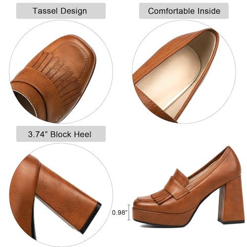 Alsoloveu Women's Platform High Heel Loafers Square Toe Chunky Heels Slip On Pump Shoes with Tassel Decor2