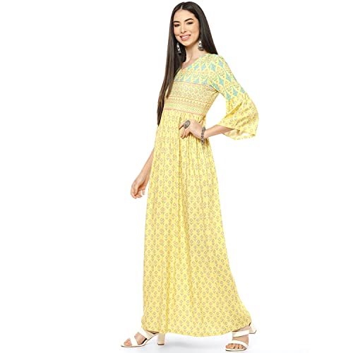 Image of Rangriti Yellow Viscose Flared Dress for Women