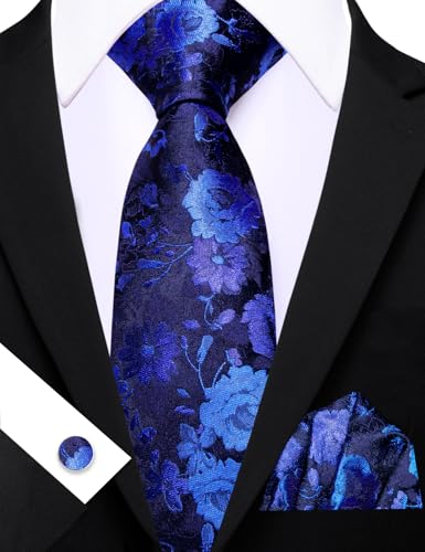 Image of Barry.Wang Flower Ties for Men Silk Woven Floral Tie Sets Necktie Handkerchief Cufflinks Wedding Party