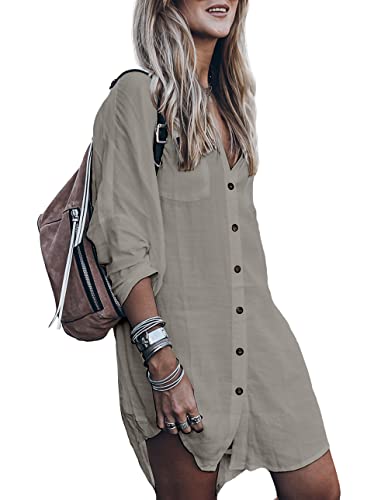 Image of Women's Swimsuit Cover up,Silky Button Down Shirt Midi Dress Kimono,Summer Bathing Suit Beach Coverups for Women (CP-Aline)