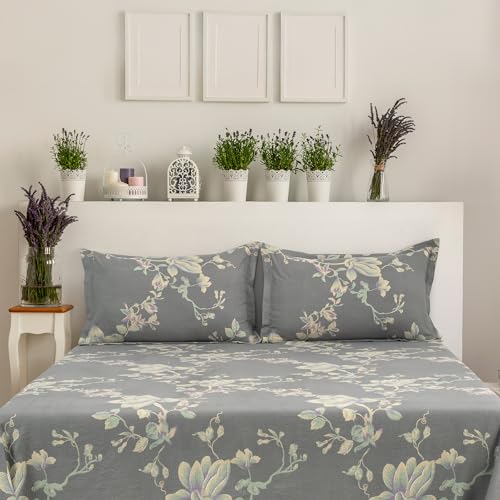 Image of Cortina Cloud Cotton King Size Bedsheet with 2 Pillow Covers | Super Soft, Breathable & Skin-Friendly Bedsheet for Double Bed King Size with Flower Print | (Grey + White,270x250 cm)