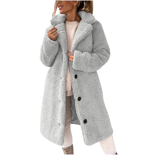 Image of Kvture Winter Coat for Women Fuzzy Fleece Jacket Sherpa Jackets Mid Length Peacoats Warm Teddy Bear Trench Coat Lapel Button Down Long Sleeve Casual Outerwear Fashion Fall Outfits Faux Fur Coats