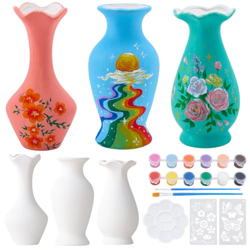 WEBEEDY Juego de 3 jarrones de cerámica para adultos, principiantes, pinta tu propio florero, kit de manualidades de cerámica blanca sin pintar con plantillas de flores de mariposa, pintura, pinceles