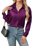 Stamain Women's Satin Silk Shirts Long Sleeve Button Down V Neck Dressy Casual Loose Work Office Blouse Tunic Tops Purple L