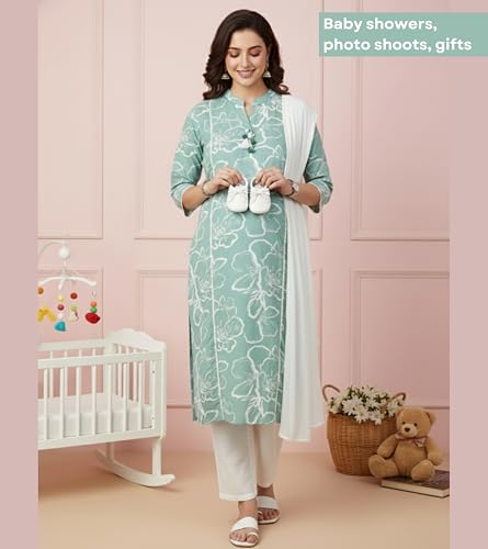 Image of DUMMY SHAPE Maternity Dresses for Women Cotton | Floral Kurta Pant Dupatta Set with Nursing Zippers, Side Pocket | Pre & Post Pregnancy | Feeding Kurti Suit | Baby Shower | Gifts for Pregnant Woman