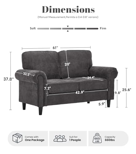 Image of Kingfun Loveseat 2 Seater Couch, Mid Century Modern Chenille Sofa with Rolled Arms and Deep Seats, Fluffy Comfort for Living Room, Apartment, Easy Assembly, Grey