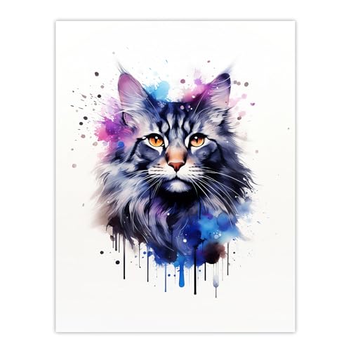 Artery8 Maine Coon Cat Lovers Gift Watercolour Pet Portrait Painting Artwork Unframed Wall Art Print Poster Home Decor Premium