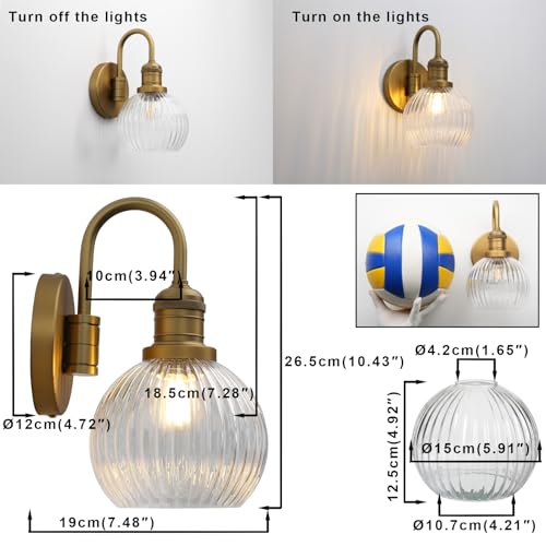 Image of Yosoan Aged Brass Gold Boho Vintage Bathroom Wall Sconce with Striped Shade, 1-Light Indoor Hardwired Vanity Wall Mounted Fixture with Round Glass Lamp for Bedroom Mirror Living Room(Antique)