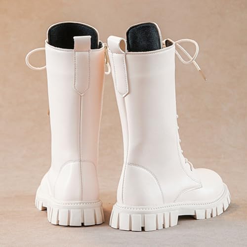 Girl's Lace-Up Zipper Combat Waterproof Boots PU Leather Side Zipper Punk Goth Boot for Little Kid/Big Kid Campus Style (White,4.5)3