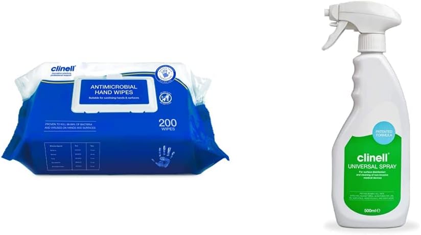 Clinell Antibacterial Hand Wipe Suitable for Hands and Surfaces, Pack of 200 & Universal Cleaning and Disinfectant Spray for Surfaces - 500 ml - White Universal Spray