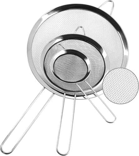 SKY-TOUCH 3-Piece Stainless Steel Fine Mesh Strainer Set 20 cm 14 cm & 12 cm Durable Metal Sieves Kitchen Colander for Quinoa Rice Vegetables Baking and Straining Tea