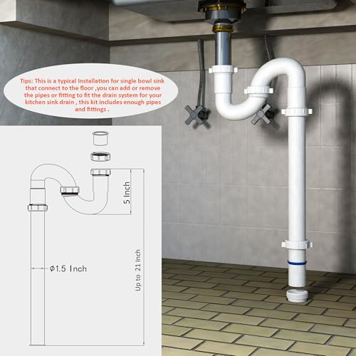 Kitchen Sink Drain Kit,1-1/2”,for Most Kitchen Sink Drain Repair Kit and Bathroom Sink Drain Kit, Kitchen Sink P Trap Drain Kit 1 1/2” for Sink Plumbing Kit, Completed Sink Pipe Replacement Kit by Variimage - Used condition - Image 7