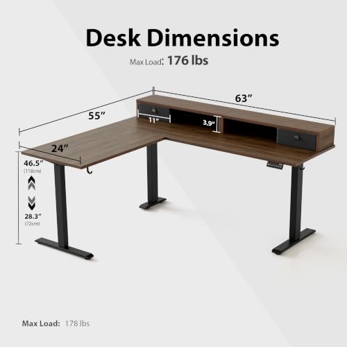 Image of Agilestic L Shaped Electric Standing Desk with 2 Drawers, 63 Inch Ergonomic Adjustable Height Desk with Storage, Corner Desk Sit Stand up Computer Table for Work Office Home, Dark Walnut
