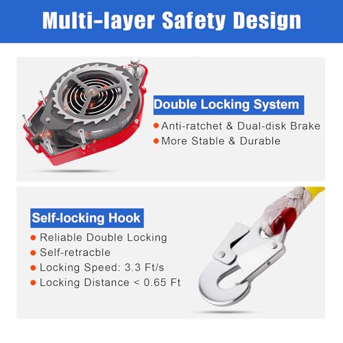 YouBXupup Fall Protection Lanyard Fall Arrest Protector 50Feet Self Retractable Double Locking Gear, Dual Shell Fall Safety Lifeline, Rope for Roofing, Construction, Rescue