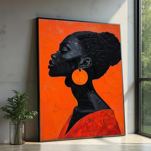 Portrait femme africaine sur toile art orange silhouette abstraite