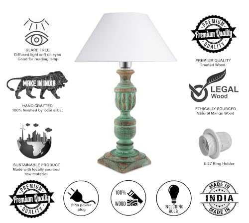 Image of Homesake Handcrafted Wooden Table Lamp for Living Room & Bedroom | Bedside Rustic Algae French Table Lamp with White Fabric Shade | Included Bulb | Decorative Wooden Night Lamp for Home Decor