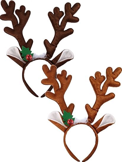Reindeer Antlers Headband, 2PCS Deer Antlers with Bells Cute Christmas Reindeer Ears (brown orange)