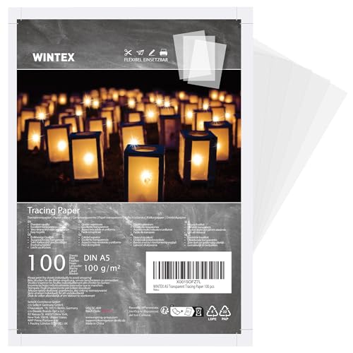 WINTEX Papel Vegetal A5 - Set 100x Láminas Papel Cebolla A5 de 100 g/m² - Hojas Transparentes de Calco para Dibujo Imprimir - Hojas Color Blanco Translúcido