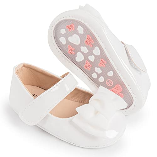 HsdsBebe Infant Baby Girls Mary Jane Shoes Toddlers Non Slip Soft Sole Princess Bow Flats Newborn Prewalker Wedding Dress Shoes(HM2618 White 3)