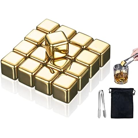 Kellegour 16 PCS Stainless Steel Whiskey Golden Ice Cubes,Gold Stainless Steel Whiskey Stones,Gold Stainless Steel Ice Cubes,for Whiskey,Wine Chiller,Beer,Vodka,Liqueurs,Drinks Cooler Set(Gold) Cover