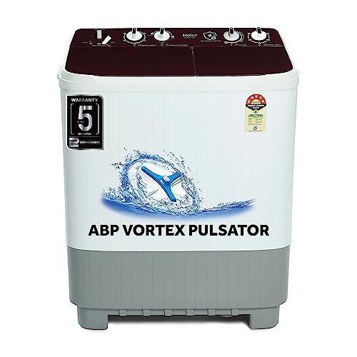 Haier 7.5 Kg 5 Star Voltex Pulsator Semi – Automatic Top Load Washing Machine (2023 Model, HWM75-1169, Red Glass)
