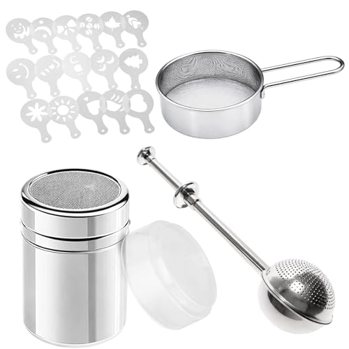 3-Piece Baking and Coffee Tool Kit with 16pcs Flour Duster, Powdered Sugar Shaker Duster Set,Latte Art Stencils, and Retractable Tea Strainer