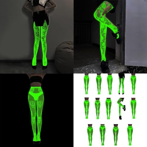 Women Glow in the Dark Fishnet Tights Stockings Halloween Luminously Spiderweb Skull Patterned Mesh Pantyhose2