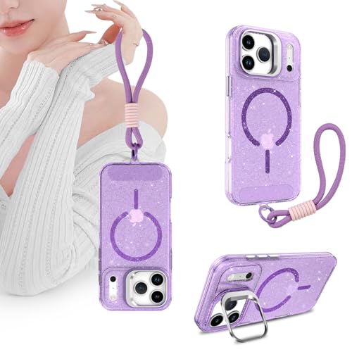 Coque iPhone 17 Pro Max magnétique avec dos rigide en silicone pailleté violet