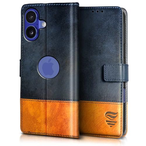 Image of FLIPPED Vegan Leather Flip Case Back Cover for iPhone 16 (Flexible, Shock Proof | Hand Stitched Leather Finish | Card Pockets Wallet & Stand | Irish Blue with Tanned Oak)